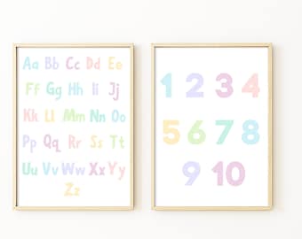 Set of 2 Pastel Alphabet and Number Print, Pastel Colour Alphabet, Pastel Nursery Art, Rainbow Colour Prints, Educational Children&#39;s Prints
