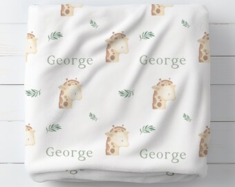 Personalised Baby Giraffe Blanket, Boy Baby Gift, Safari Giraffe Nursery Decor, Sage Green Nursery, Custom Name Newborn Blanket New Baby