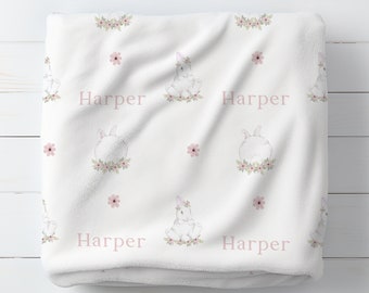 Naam konijn deken, roze bloemen konijntje gepersonaliseerd deken, cadeau pasgeboren baby, babydeken konijn, aangepaste deken meisjesnaam, cadeau konijn