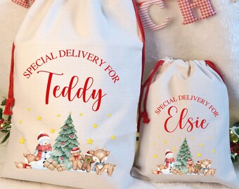Personalised Christmas Sack Kids, Special Delivery For Gifts From Santa Kids Name Sack, Large Christmas Gift Bag, Children's Xmas Santa Sack