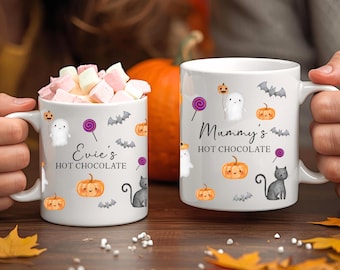 Caneca personalizada de Halloween para a família, canecas combinando para toda a família, caneca com nome da criança para chocolate quente, lembrancinha de Halloween, caneca assustadora.