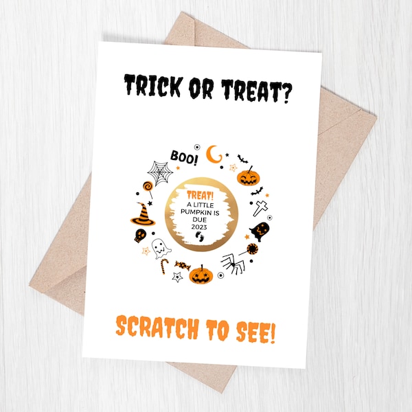 Revelación de embarazo en Halloween, Tarjeta para rascar y revelar, Tarjeta de truco o trato, Anuncio de embarazo, Tarjeta sorpresa para rascar, Embarazada en Halloween