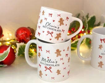 Taza navideña personalizada con lazo, taza navideña con lazo para mamá e hija, taza de jengibre para niña, taza con lazo para mamá e hija, regalo de Navidad para hija.