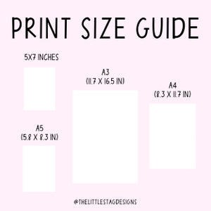 May include: A print size guide with the text "PRINT SIZE GUIDE" in black. The guide shows the dimensions of A3 (11.7 x 16.5 in), A4 (8.3 x 11.7 in), A5 (5.8 x 8.3 in), and 5x7 inch prints. The image has a light pink background.
