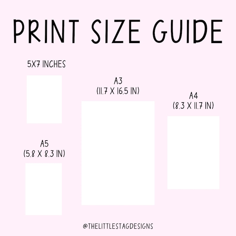 May include: A print size guide with the text "PRINT SIZE GUIDE" in black. The guide shows the dimensions of A3 (11.7 x 16.5 in), A4 (8.3 x 11.7 in), A5 (5.8 x 8.3 in), and 5x7 inch prints. The image has a light pink background.