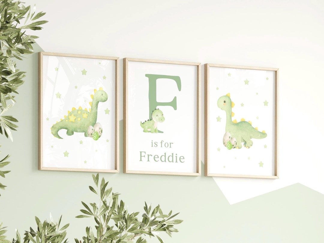 Green Dinosaur Prints, Set of 3 Personalised Dinosaur Boys Prints ...