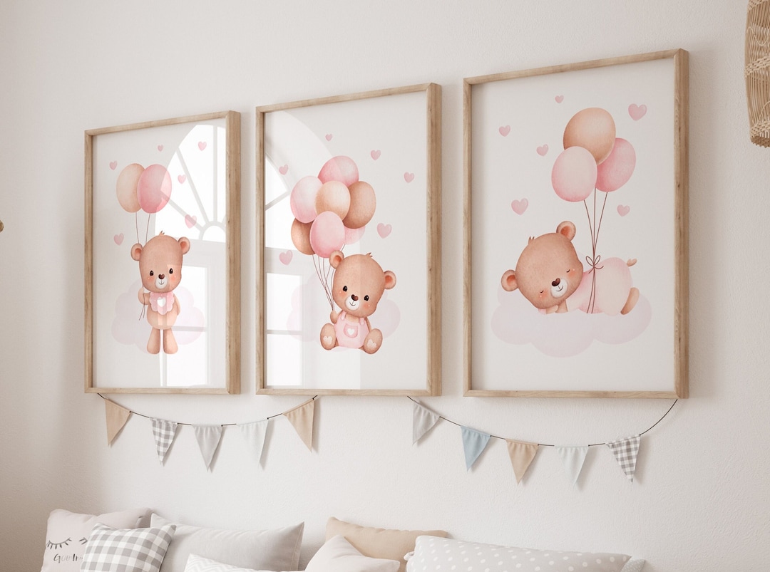 Set of 3 Pink Bear Nursery Prints, Pink Teddy Bear Prints, Instant ...