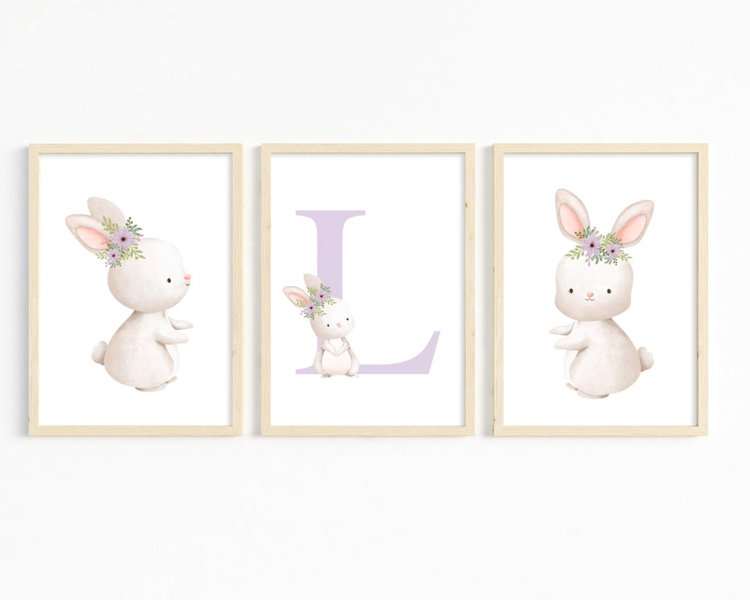 Bunny Prints Set of 3, Lilac Bedroom Print Girls, Nursery Decor Bunny ...