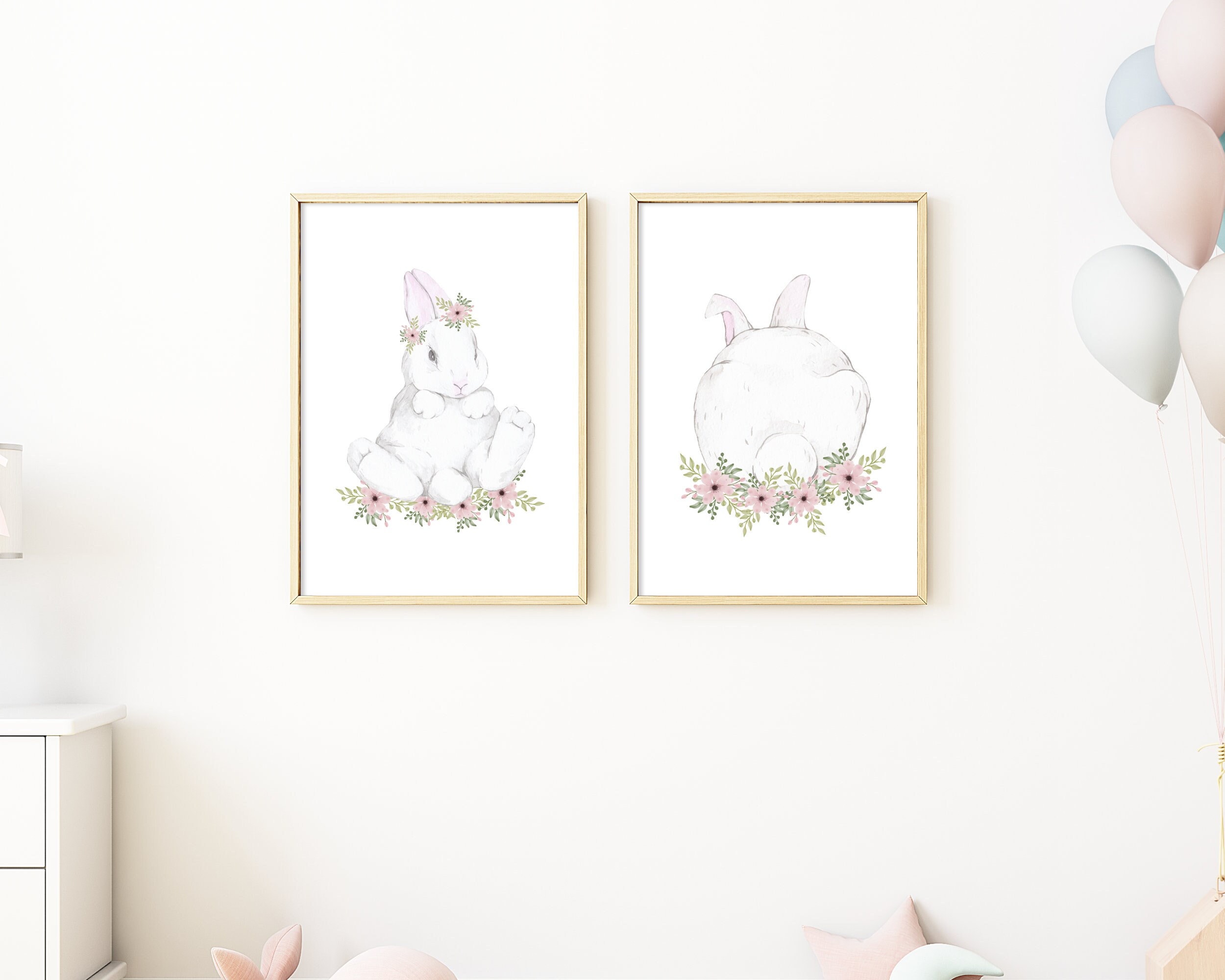 Bunny Nursery Print, Pink Floral Rabbit Bedroom Girls Wall Art, Flower ...