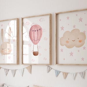 Arte digital para berçário, balão de ar quente, decoração em nuvem, meninas, quarto rosa escuro, conjunto de 3 impressões em aquarela, download instantâneo, berçário
