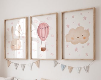 Digital Nursery Art Hot Air Balloon, Cloud Decor Girls Dusky Pink Room Baby Girl Prints Set of 3 Watercolour Instant Download Nursery