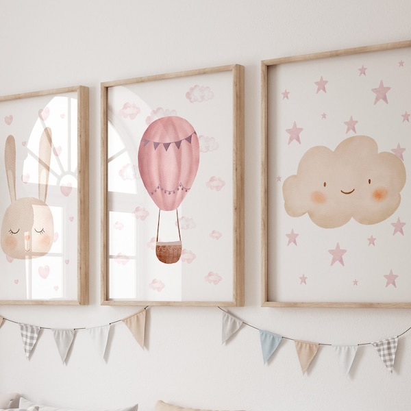 Digital Nursery Art Hot Air Balloon, Cloud Decor Girls Dusky Pink Room Baby Girl Prints Set of 3 Watercolour Instant Download Nursery