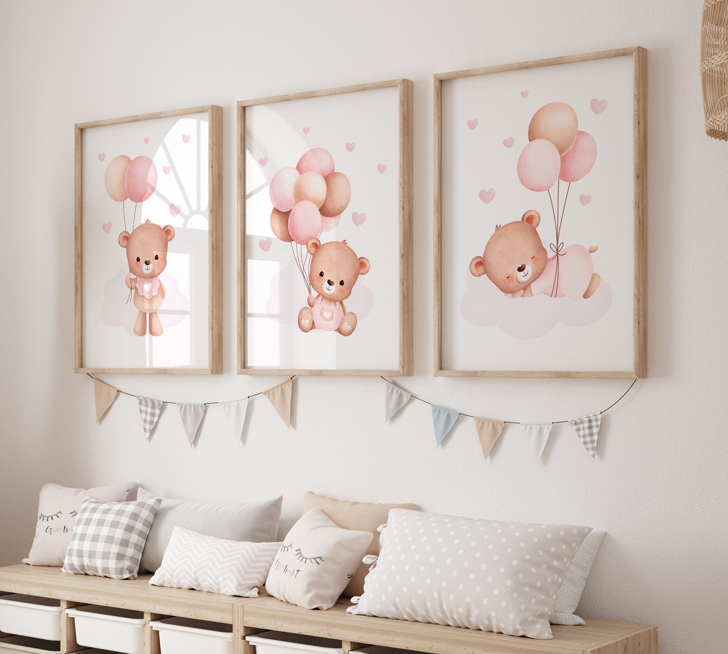 Set of 3 Teddy Bear Print, Teddy Bear Print Nursery, Bear Balloon Wall Art, Pink Teddy Personalised Prints, Baby Girl Bear Nursery