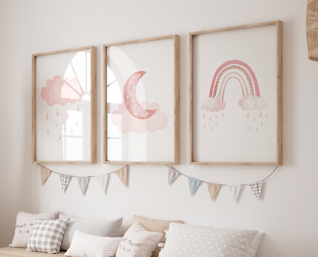 Cloud Nursery Prints, Set of 3 Pink Moon Nursery, Dusky Pink Bedroom ...