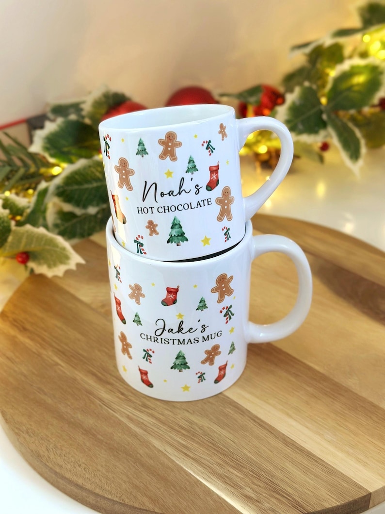 Personalisierte passende Weihnachtstassen, traditionelle Weihnachtstassen, heiße Schokolade der Familie, Mama-Vati-Kind-Weihnachtstasse, Strumpffüller-Vati Bild 7