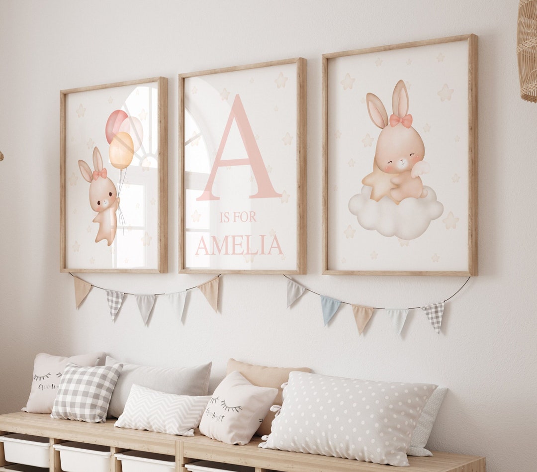 Personalised Rabbit Nursery Decor, Pink Bunny Nursery Art, Cloud ...