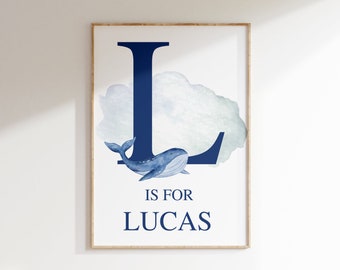 Nursery Whale Print, Whale Nursery Decor, Deep Blue Room, Boys Initial Print, Personalised Sea Nursery, Boys Name Wall Art, Nautical Nursery