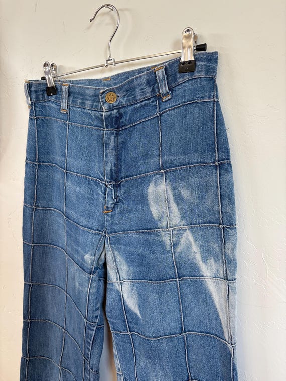 Vintage 1970s windowpane Patchwork Distressed Jea… - image 3