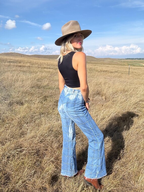 Vintage 1970s windowpane Patchwork Distressed Jea… - image 10