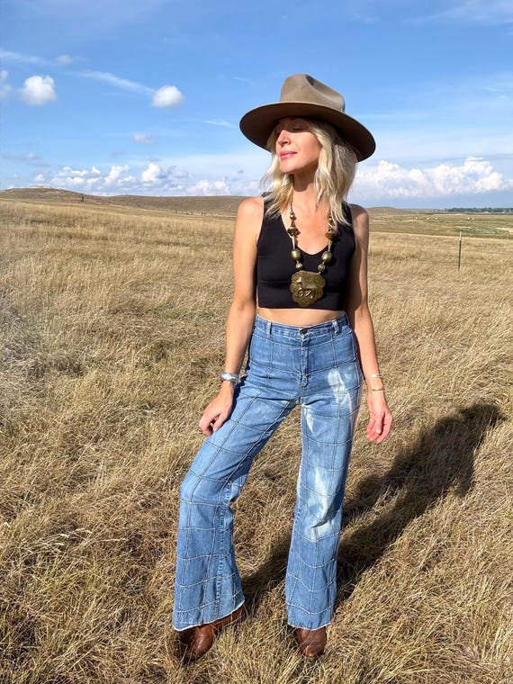 Vintage 1970s windowpane Patchwork Distressed Jea… - image 1