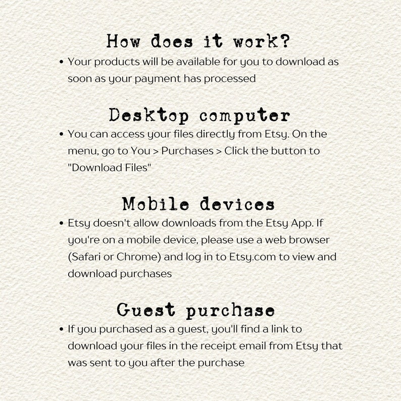 Op de afbeelding: Een tekstuele infographic die uitlegt hoe je digitale producten kunt downloaden die je op Etsy hebt gekocht. De infographic bevat instructies voor het downloaden van bestanden op een desktopcomputer, een mobiel apparaat en als gast.