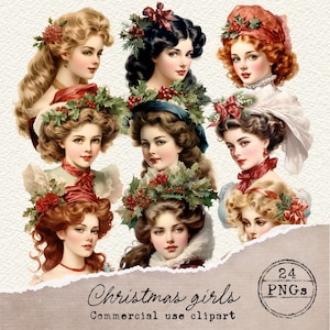 Clipart Noël victorien, éphémères victoriennes vintage, coupe délicate, Noël filles, Noël PNG, Junk Journal, victorien filles PNG, 026