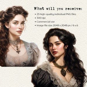 Op de afbeelding: Twee digitale schilderijen van vrouwen met lang donker haar, die opvallende jurken en sieraden dragen. De vrouwen kijken rechtstreeks naar de kijker. De schilderijen zijn in realistische stijl en hebben een vintage uitstraling.