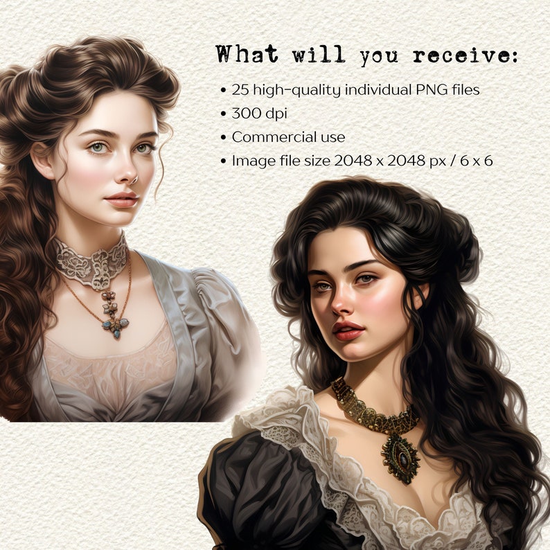 Op de afbeelding: Twee digitale schilderijen van vrouwen met lang donker haar, die opvallende jurken en sieraden dragen. De vrouwen kijken rechtstreeks naar de kijker. De schilderijen zijn in realistische stijl en hebben een vintage uitstraling.