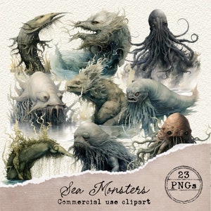 Sea Monster Clipart, Mythical Creatures Clipart, Junk Journal Ephemera, Fussy Cut, Fairytale Clipart, Fantasy Clipart, Gothic Clipart, 039
