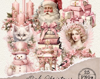 Pink Christmas Clipart, Vintage Pink Christmas PNG, Pink Santa PNG, Pink Winter Clipart, Pink Victorian Christmas Clipart, Junk Journal, 027