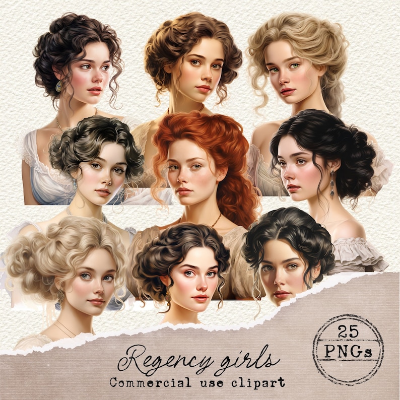 May include: A set of 25 digital illustrations of Regency era women with various hairstyles and clothing. The illustrations are in a painterly style and feature soft colors and delicate details. The images are perfect for use in digital scrapbooking, card making, and other creative projects.