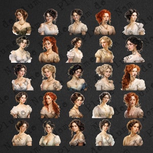 May include: A collection of 25 digital illustrations of women with different hairstyles and clothing. The women are depicted with various hair colors, including blonde, brown, red, and black. They are wearing a variety of dresses and tops, some with lace or floral patterns. The illustrations are in a vintage style, with soft colors and delicate details.
