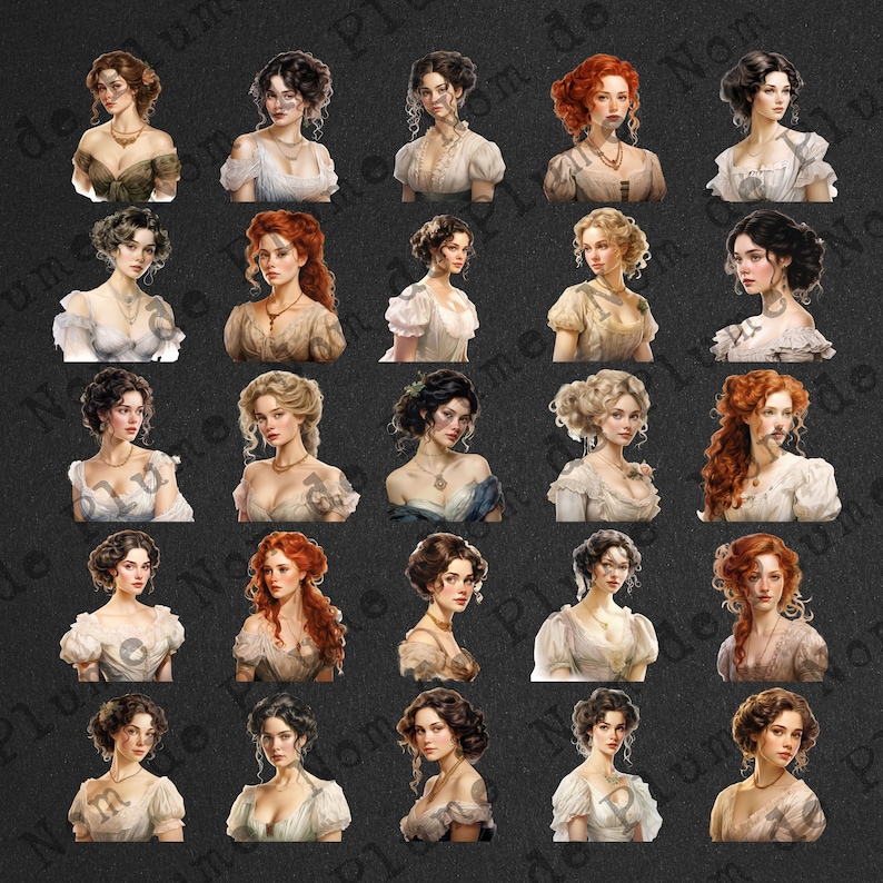 May include: A collection of 25 digital illustrations of women with different hairstyles and clothing. The women are depicted with various hair colors, including blonde, brown, red, and black. They are wearing a variety of dresses and tops, some with lace or floral patterns. The illustrations are in a vintage style, with soft colors and delicate details.