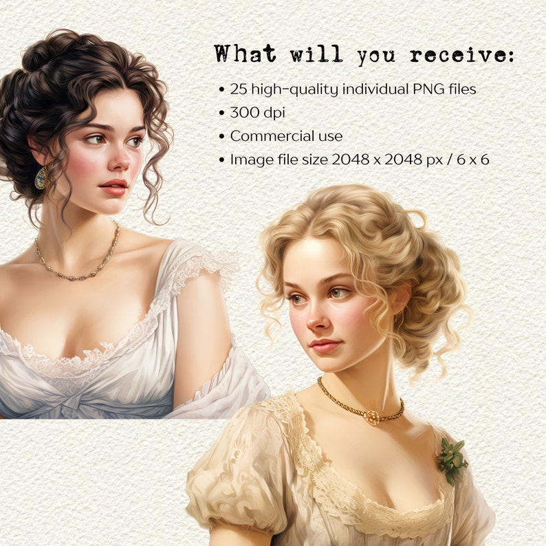 May include: A digital illustration of two women with long, curly hair. The woman on the left has dark brown hair and is wearing a white dress with lace trim. The woman on the right has blonde hair and is wearing a cream-colored dress with lace trim. The text "What will you receive:" is displayed above the women. The text below the women lists the details of the digital illustration, including the number of files, resolution, and file size.