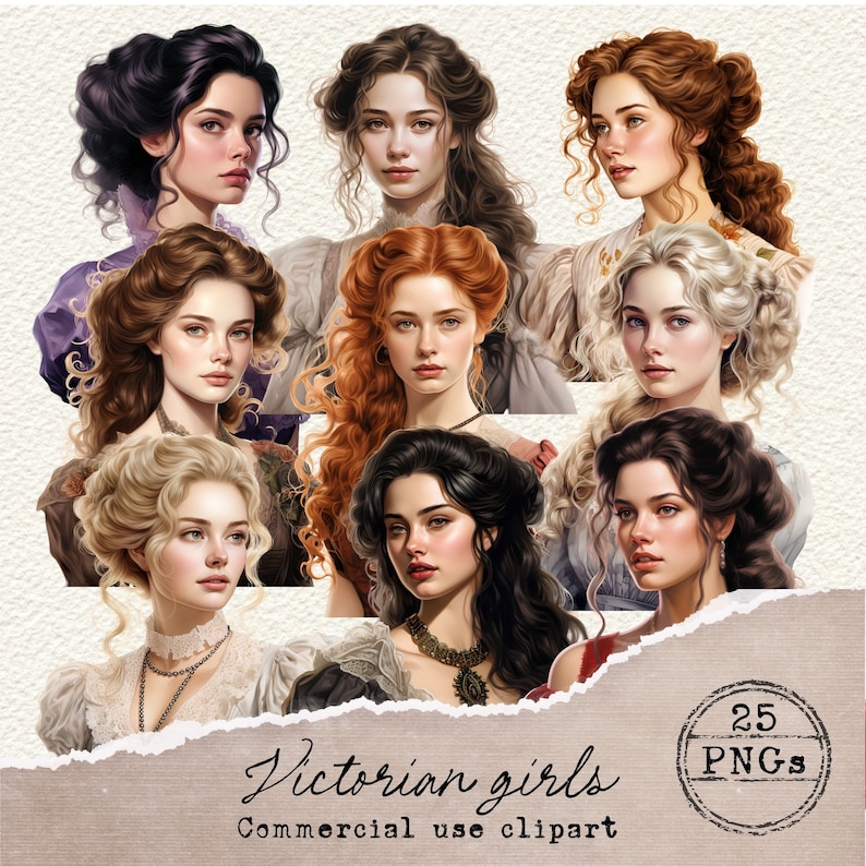 Op de afbeelding: Een set van 25 digitale illustraties van Victoriaanse meisjes met verschillende kapsels en kleding. De meisjes zijn afgebeeld met verschillende haarkleuren, waaronder bruin, blond, rood en zwart. Ze dragen jurken en accessoires die typisch zijn voor de Victoriaanse tijd.