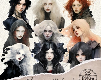 Clipart vampire, fille vampire, clipart gothique, filles gothiques, clipart Dark Academia, Junk Journal, Scrapbooking, fournitures, sublimation, 043