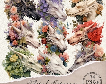 Dragon Clipart, Floral Dragons Ephemera, Dragon PNG, Fairytale Dragon Art, Watercolor Dragon, Dragons Clip Art, Fussy Cut, Mythical, 038