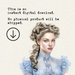 Op de afbeelding: Een digitale download-afbeelding met een witte achtergrond en zwarte tekst die "Dit is een directe digitale download. Er wordt geen fysiek product verzonden." Een zwarte pijl die naar beneden wijst bevindt zich in de linkerbovenhoek. Een vrouw met blond haar dat in een knot is opgestoken bevindt zich aan de rechterkant van de afbeelding.