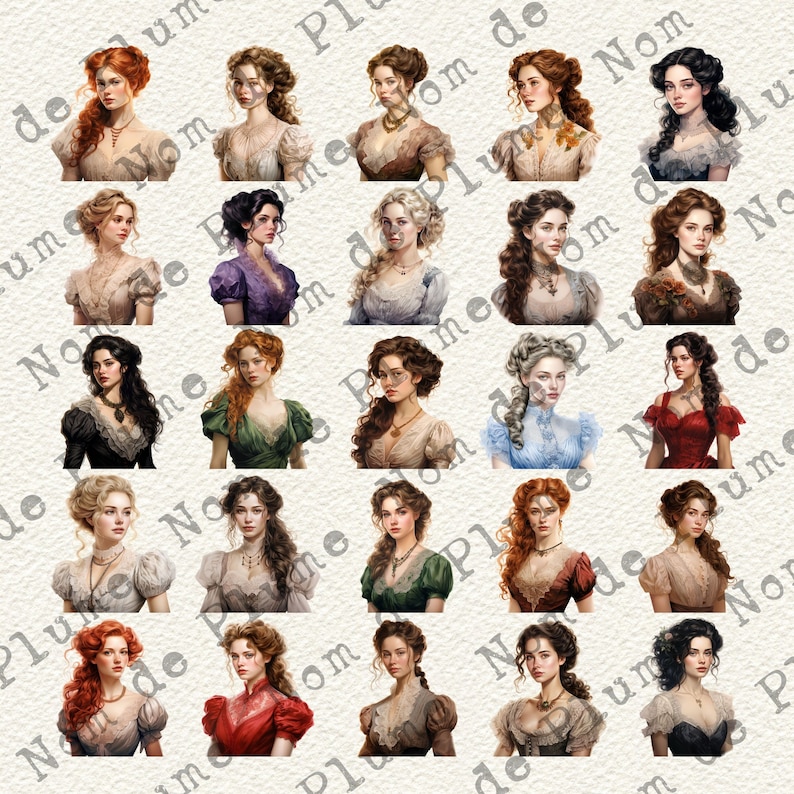 Op de afbeelding: Een digitale collage van 25 portretten van vrouwen met verschillende kapsels en kleding. Elke vrouw heeft een andere uitdrukking en is afgebeeld in een realistische stijl.