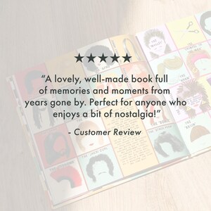 May include: An open book with illustrations of various hairstyles, such as the Afro and the Mullet. The book displays a customer review with a five-star rating and the text: "A lovely, well-made book full of memories and moments from years gone by."