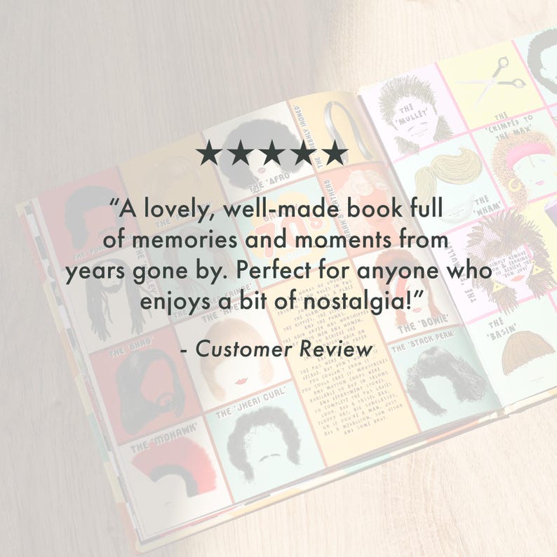 May include: An open book with illustrations of various hairstyles, such as the Afro and the Mullet. The book displays a customer review with a five-star rating and the text: "A lovely, well-made book full of memories and moments from years gone by."