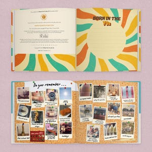 May include: Open journal with a retro 1970s theme. The cover reads "BORN IN THE 70s" with a sunburst design in orange, yellow, and teal. Inside, a corkboard displays vintage photos with captions like "1976" and "street parties."