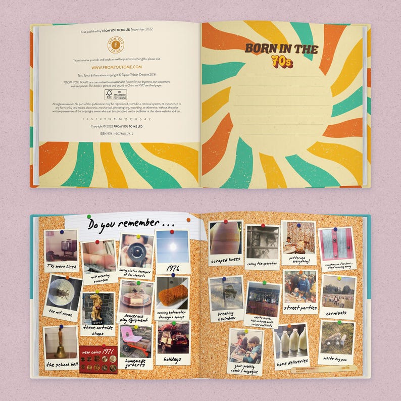 May include: Open journal with a retro 1970s theme. The cover reads "BORN IN THE 70s" with a sunburst design in orange, yellow, and teal. Inside, a corkboard displays vintage photos with captions like "1976" and "street parties."