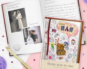 May include: A pink and white journal with the title "Dear Nan from you to me" and a colourful illustration of a house, a record player, a sewing machine, and a parakeet. The journal is a "Journal of a Lifetime".