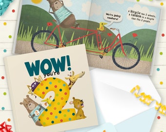 WOW! You’re Two Gift Book | Second Birthday Card | Birthday book for a Two Year Old | Greeting Card for Children | Cute Animal Card