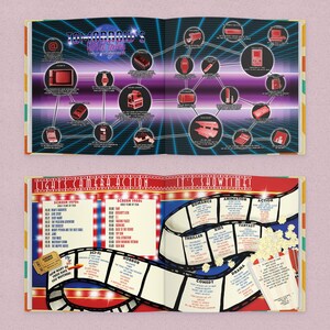 May include: A double-page spread from a book with a retro movie theme. The top page features a network diagram with vintage electronics. The bottom page has film strips, movie genres, and a popcorn container. Text includes "Lights Camera Action" and "Tomorrow's World Today."