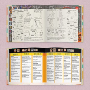 May include: An open book with illustrated pages. The top spread shows drawings of children's games and the words "PLAY TIME." The bottom spread presents a weekly TV schedule, detailing programmes and timings.