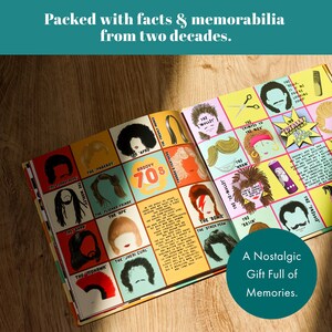 May include: An open book with illustrations of 1970s hairstyles, including the Afro, the Mullet, and the Bowie. The book's cover has the text "Packed with facts & memorabilia from two decades." A nostalgic gift full of memories.
