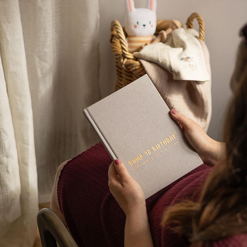 May include: A gray journal with the gold text "Bump to Birthday" is held open. A woven basket with a stuffed bunny and blanket is in the background. The journal is a baby keepsake.