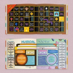 May include: A book spread featuring a retro video game board game and a music-themed layout. The top section displays a board game with a brick wall design, numbered spaces, and the text "Game on!" and "Game Over."
